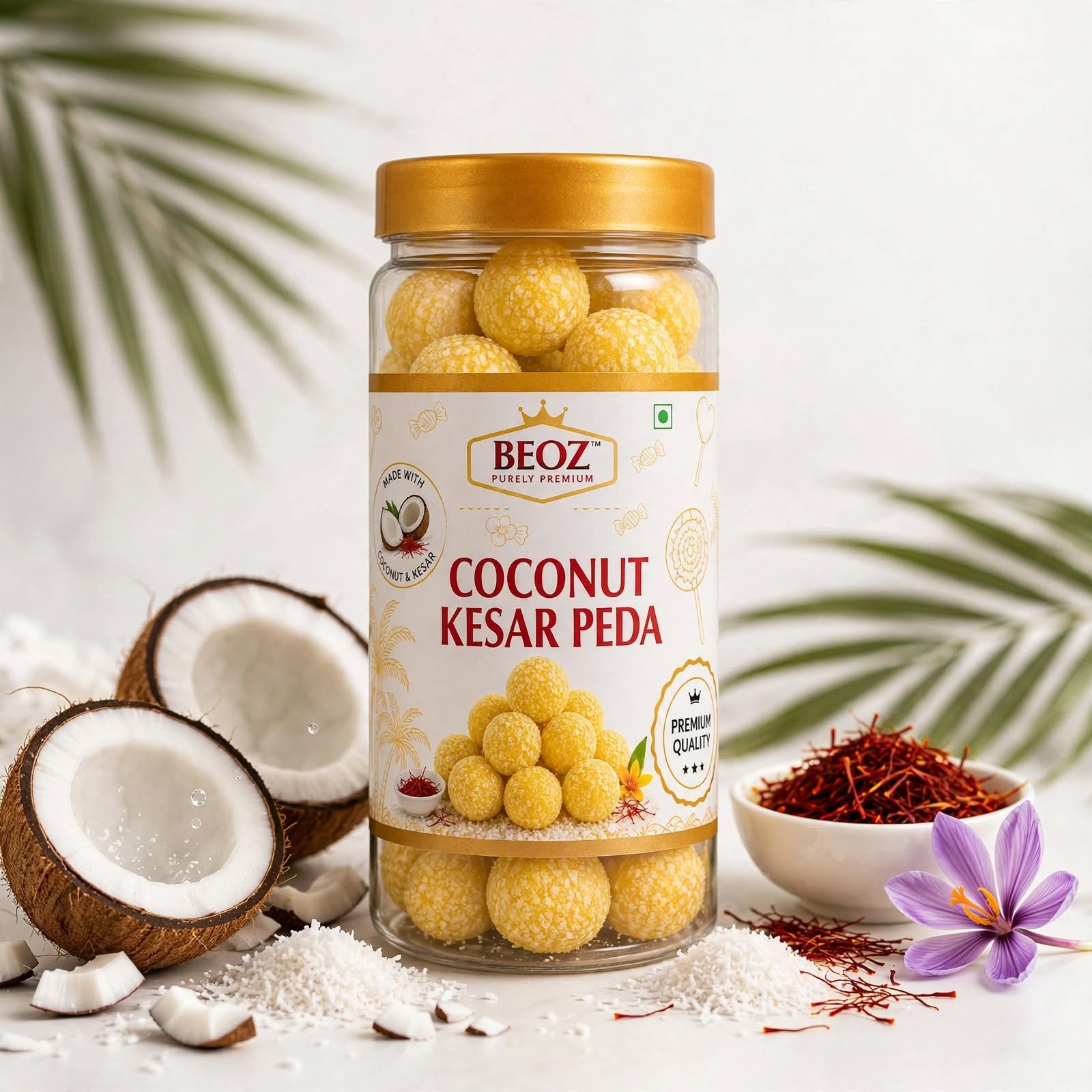 BEOZ Coconut Kesar Peda – Premium Coconut & Saffron Indian Sweet