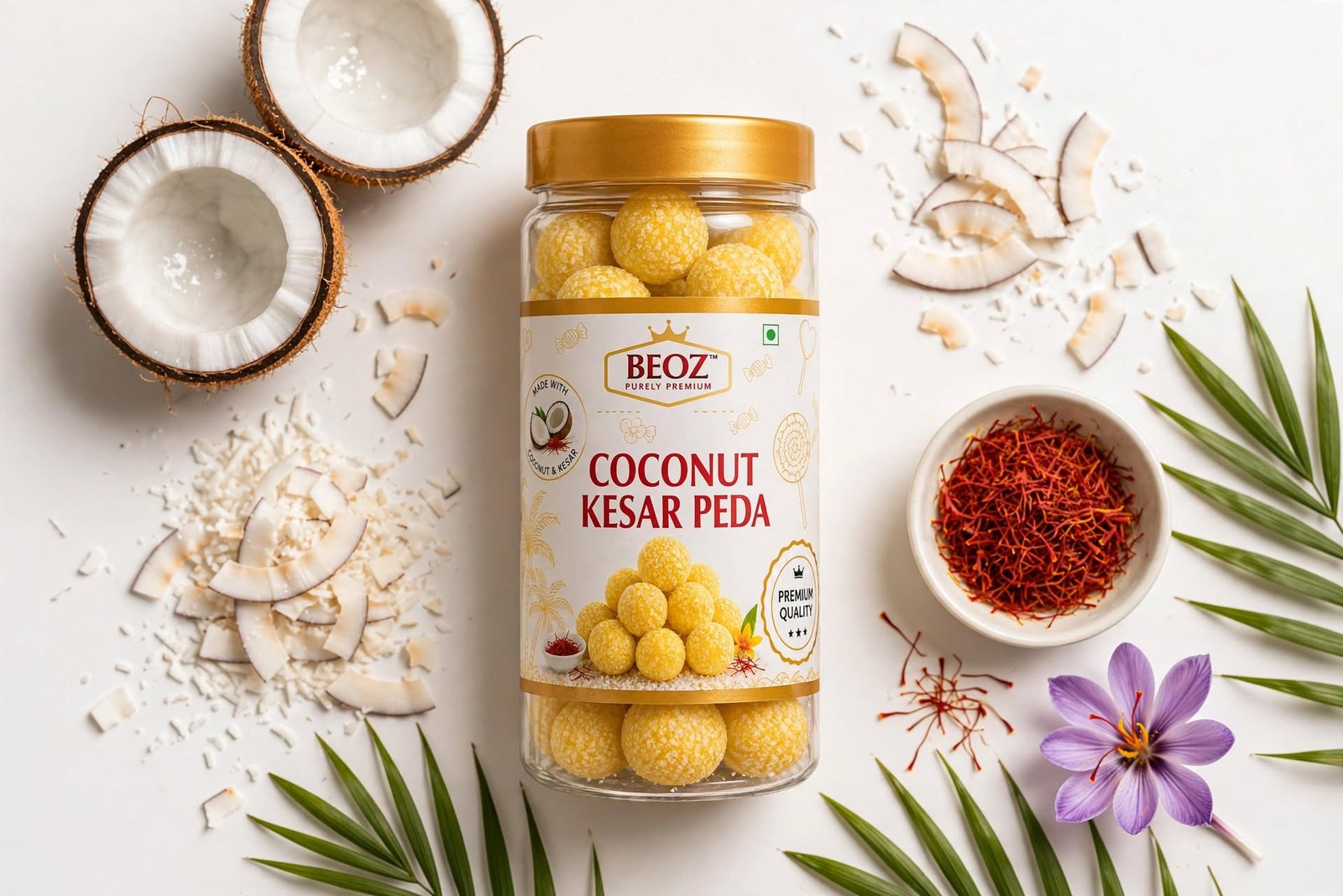 BEOZ Coconut Kesar Peda – Premium Coconut & Saffron Indian Sweet
